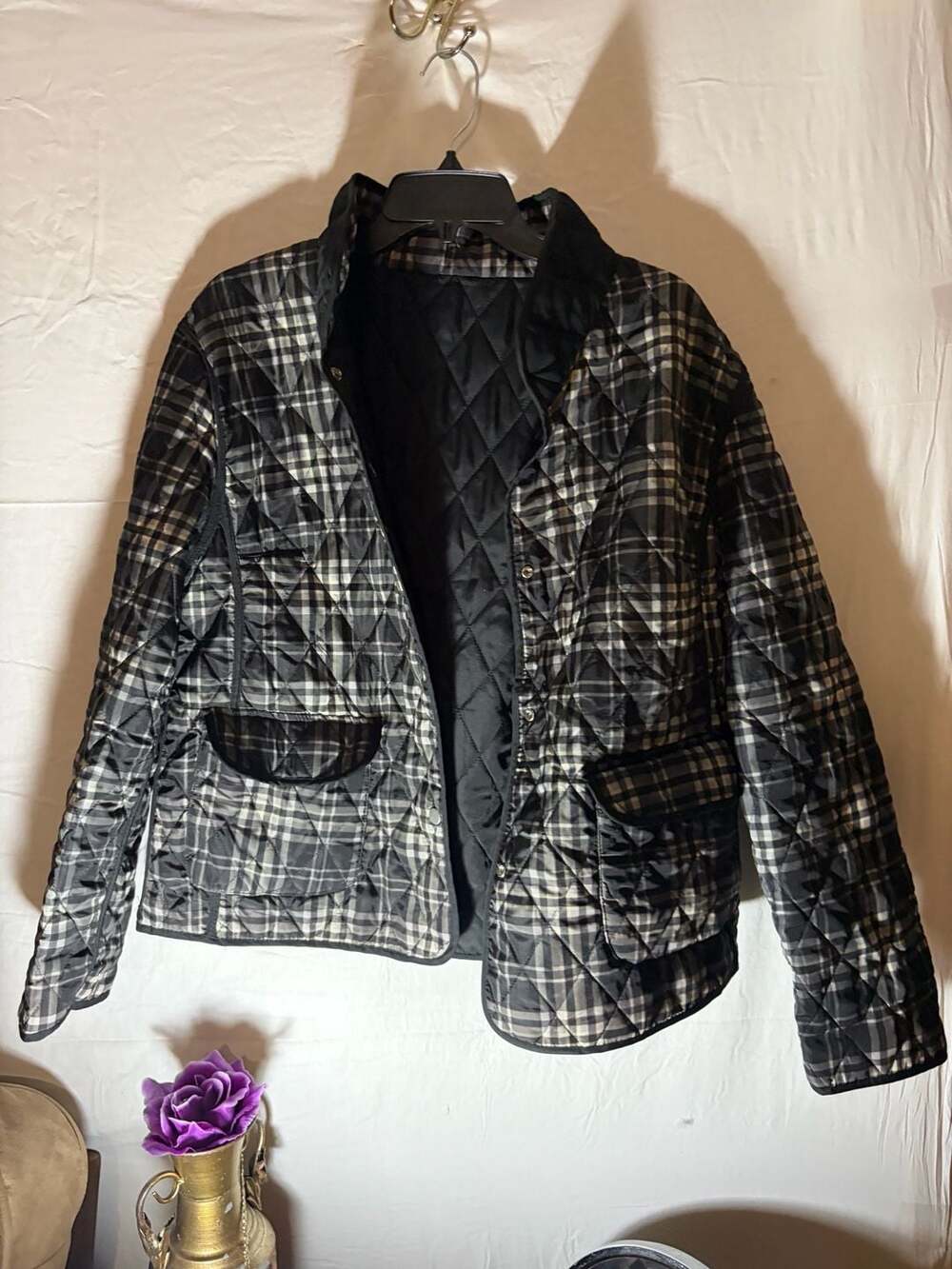 E Studio Womens Quilted Plaid Jacket